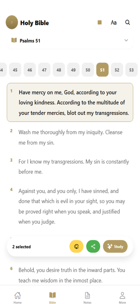Holy Bible - Bible Offline - Holy Bible app interface showing Psalm 51 with verse highlighting and study tools