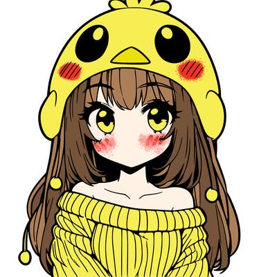 anime girl with chick shaped hat with sweater with bare shoulders with bangs covering them one eye with low tail