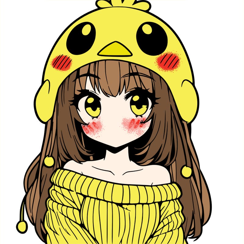 anime girl with chick shaped hat with sweater with bare shoulders with bangs covering them one eye with low tail