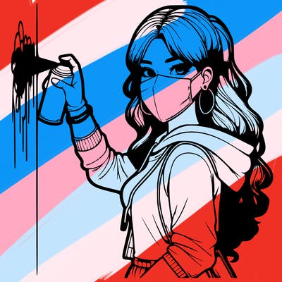 realistic girl with mask spray painting a wall