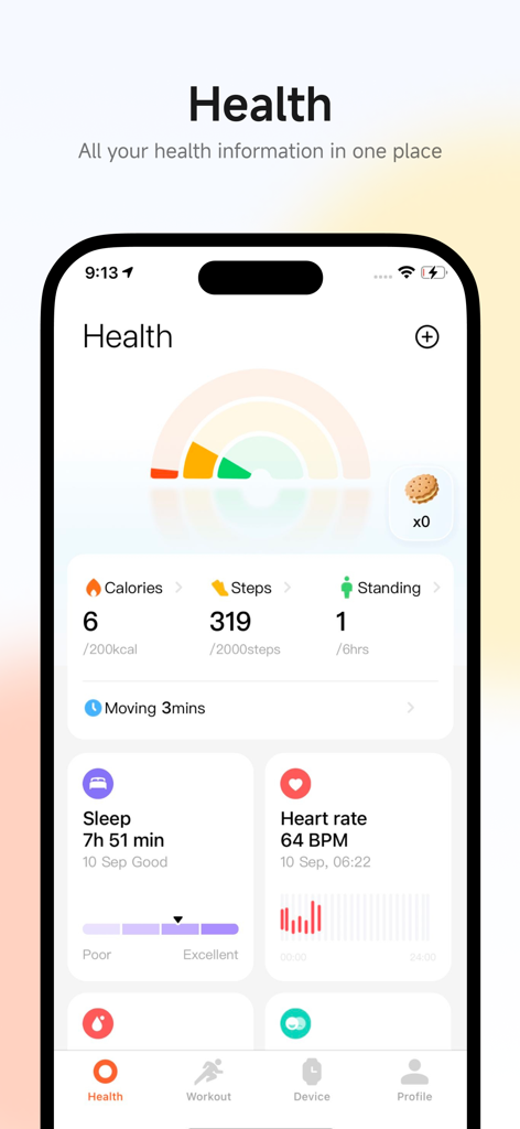Xiaomi Mi Fitness app health screen showing calories steps heart rate and sleep data metrics