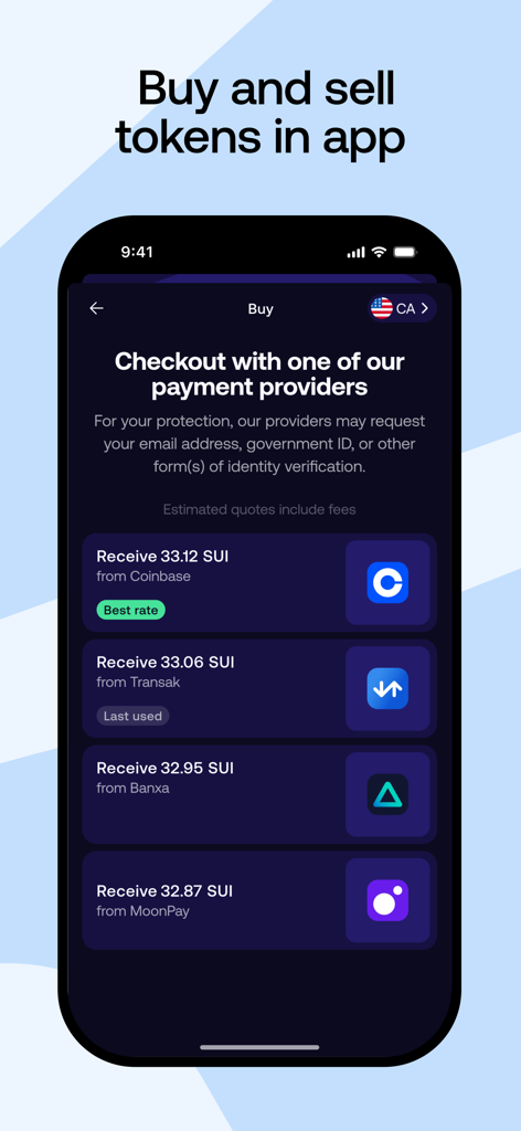 Interface of the Slush app showing options to buy SUI tokens through integrated payment providers like Coinbase and MoonPay