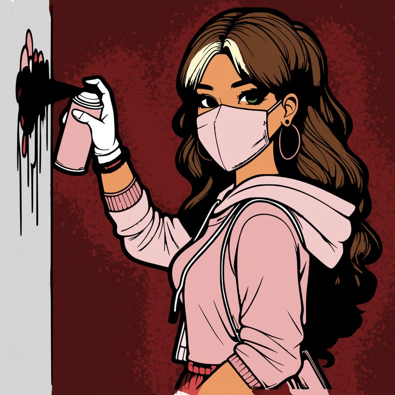 realistic girl with mask spray painting a wall