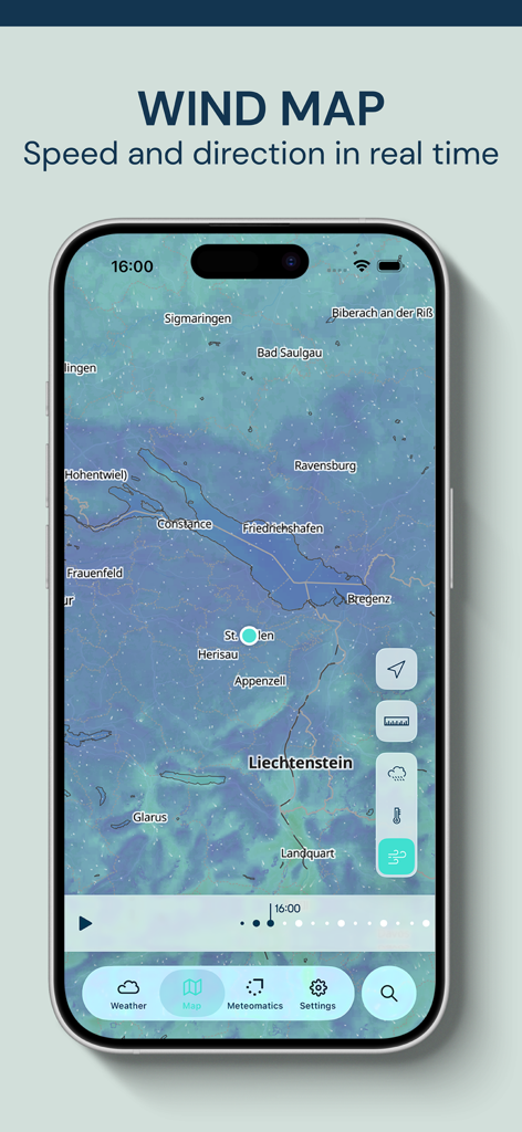 Meteomatics Weather App - Mappa in tempo reale della velocità e direzione del vento sull'App Meteo Meteomatics che mostra dati meteorologici su una regione geografica.
