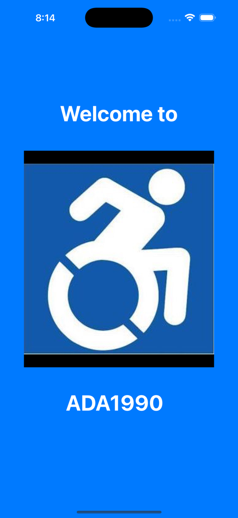 Americans w/ Disabilities Act - Schermata di benvenuto dell'app Americans with Disabilities Act con il simbolo internazionale di accesso e il testo ADA1990.