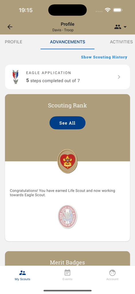 Scouting - Scouting app dashboard showing advancements and progress towards Eagle Scout rank