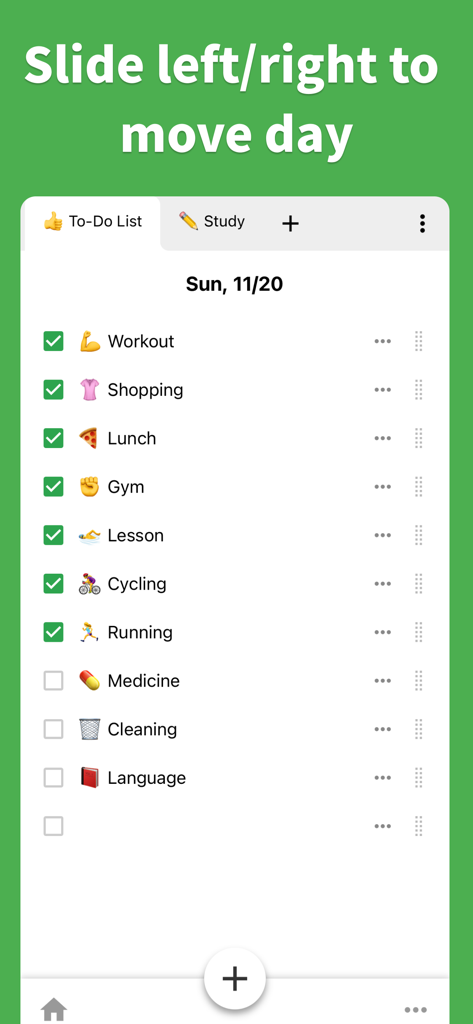 Daily checklist screen with task categories and emojis showing daily progress
