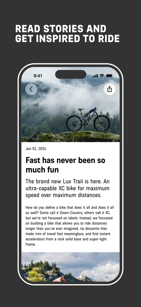 Canyon app interface showing cycling stories and lifestyle articles