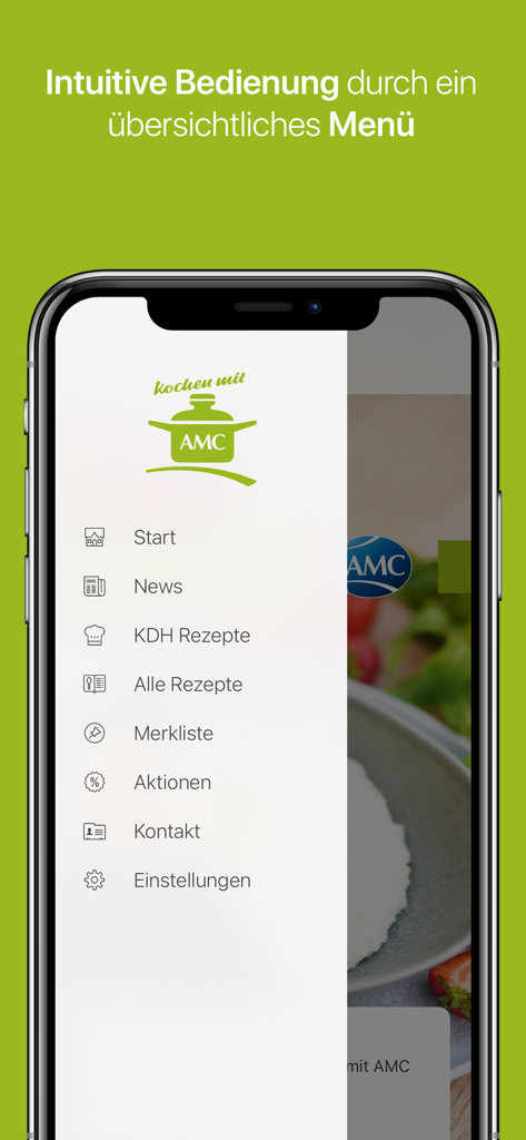 Kochen mit AMC - Kochen mit AMC App Navigationsmenü auf einem Smartphone mit Rezept- und Einstellungsoptionen