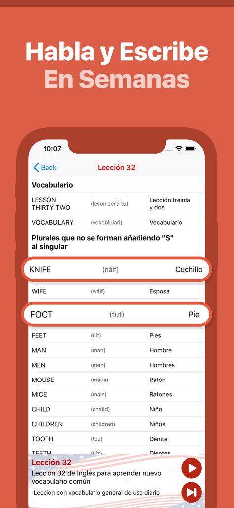 English vocabulary lesson for Spanish speakers showing irregular plurals and pronunciation guides on a mobile app