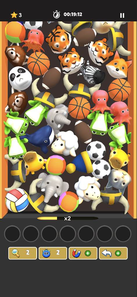 Match Triple Goods Falling - Gameplay screenshot of Match Triple Goods Falling showing a 3D sorting puzzle with animal heads and sports balls