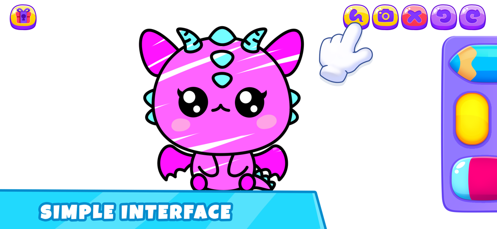 Colouring & Drawing for Girls - Un personaje dragón rosa de dibujos animados en una aplicación de colorear para niños pequeños con una interfaz simple