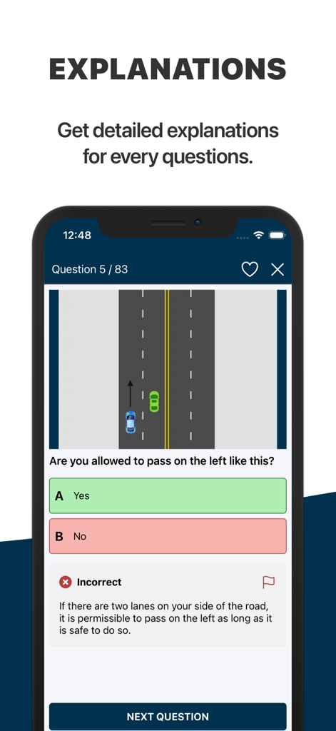 Road Code Driving Test NZ app screen showing a theory test question with a detailed explanation