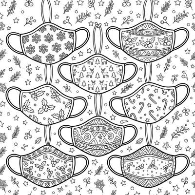 Get into the holiday spirit with this delightfully unique Christmas facial mask coloring page. Each mask is a mini-masterpiece waiting for your creative touch, adorned with festive designs like snowflakes and holly.