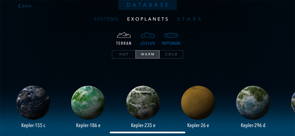 Cosmic Atlas database interface displaying a filtered selection of warm terran exoplanets including Kepler-186 e and Kepler-235 e