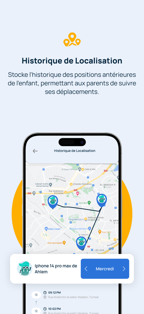 Kidcare : Contrôle parental - Interfaz de la aplicación de control parental Kidcare que muestra el historial de ubicación del niño en un mapa