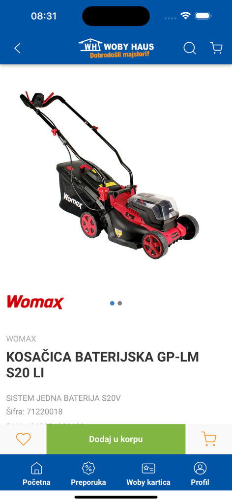 Woby Haus - Womax battery powered lawnmower product page on the Woby Haus app