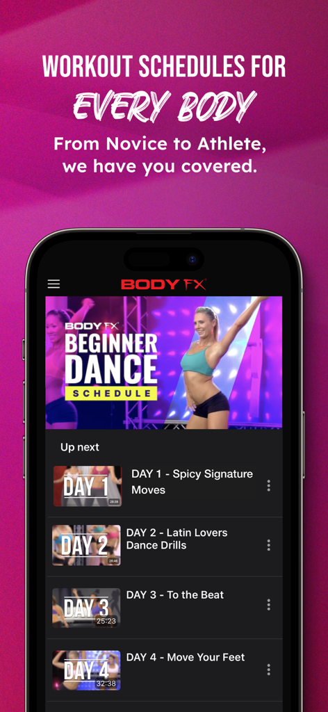Body FX Home Fitness - Body FX app displaying a daily beginner dance workout schedule with multiple training videos