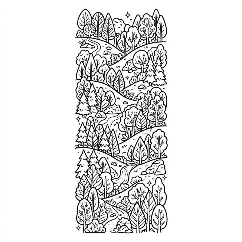 Escape to a beautiful woodland with this Forest Hills Bookmark coloring page. Adorned with numerous trees and winding paths, it’s perfect for nature enthusiasts to color and personalize.