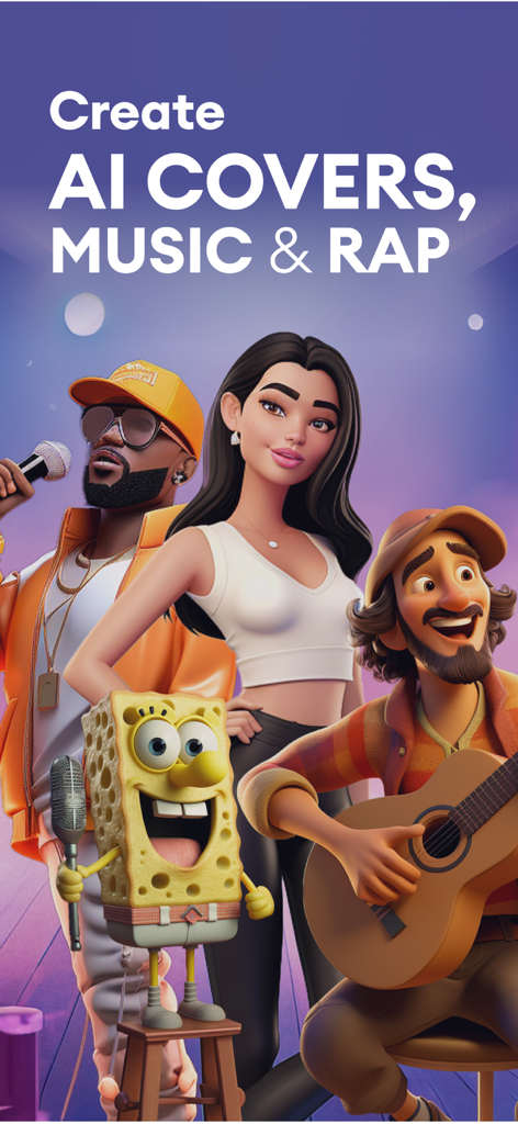 Music AI Cover: Banger & Songs - Imagem promocional para o aplicativo Music AI Cover mostrando diversos personagens e o texto Crie Covers de Música com IA e Rap
