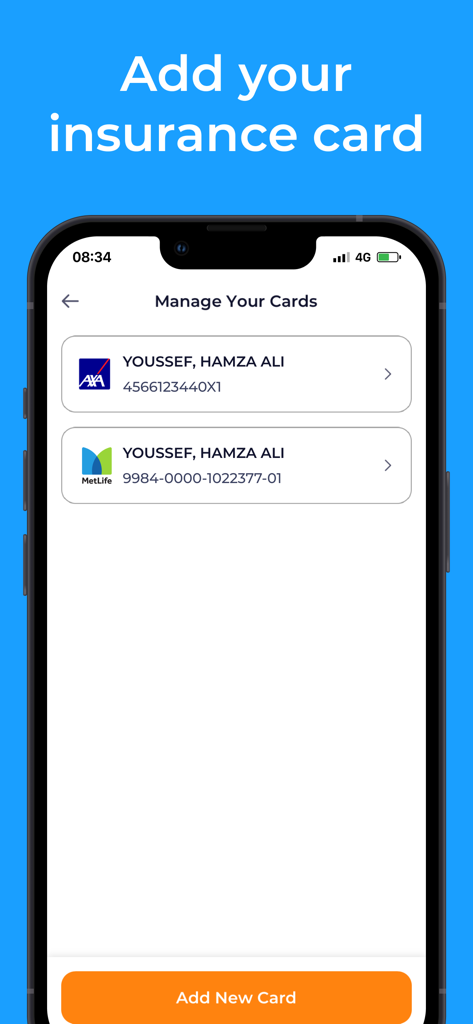 Interface of the Yodawy mobile app showing a list of saved health insurance cards and a button to add a new card.
