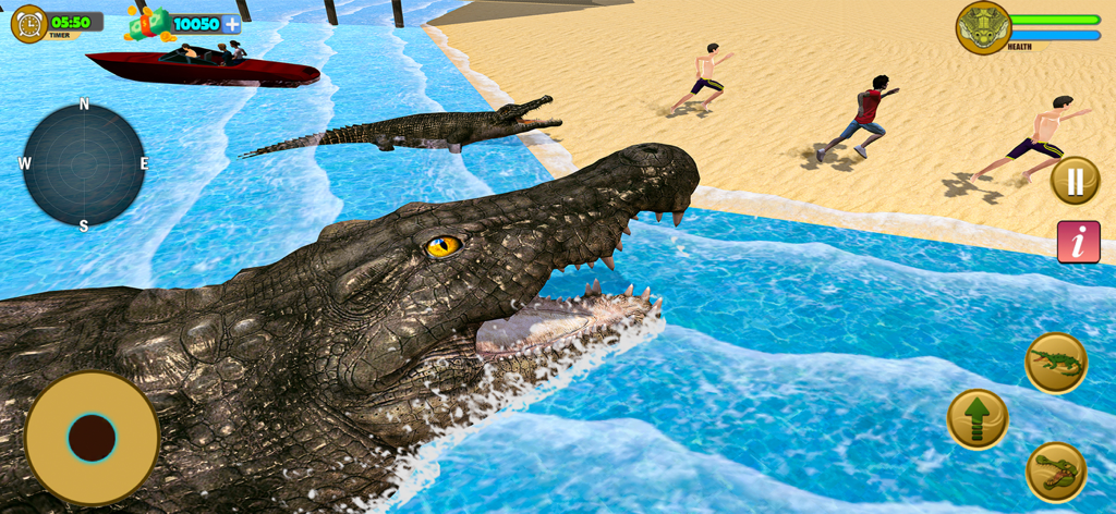 Crocodile Attack Wild Sim Game - Un cocodrilo atacando personas en una playa en un juego de simulación de animales salvajes