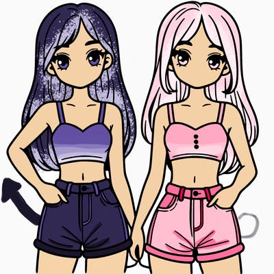 two sisters with crop tops and jean shorts and straight hair