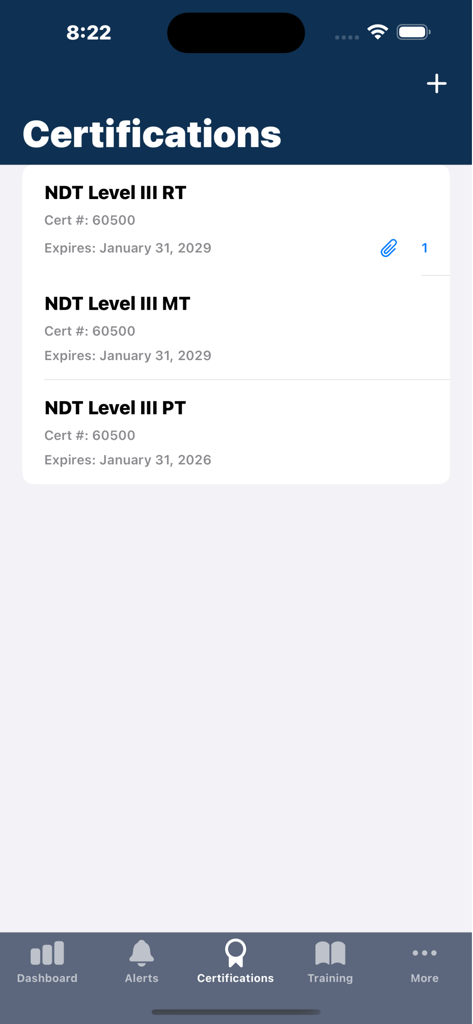 My Certification Tracker - App screen showing a list of professional NDT certifications with their respective certificate numbers and expiration dates.