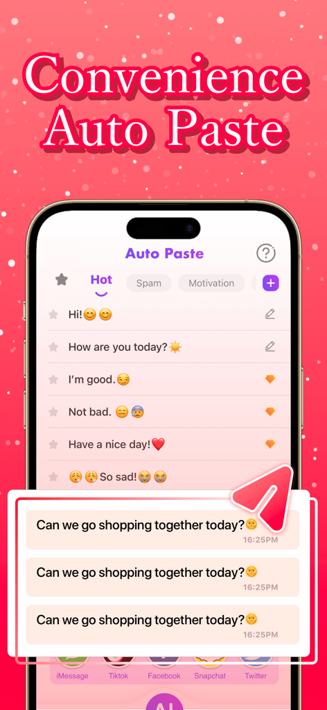 ViVi Keyboard app screen showing the auto paste feature for fast messaging on social media apps like TikTok and Snapchat