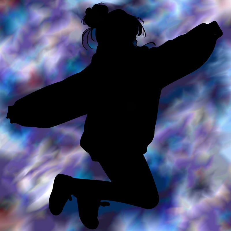 realistic girl jumping with a bun and oversized sweatshirt