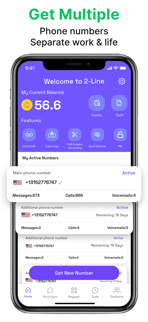 Interface d'une application mobile montrant plusieurs numéros de téléphone jetables actifs pour séparer le travail et la vie personnelle