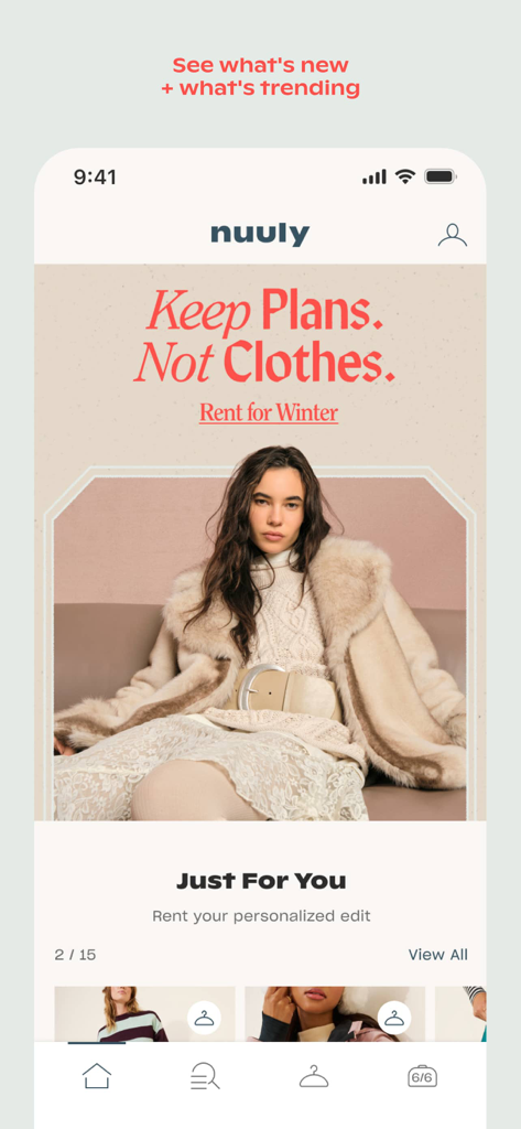 The Nuuly app home screen featuring a winter fashion rental campaign and personalized style recommendations.