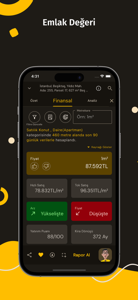 Interface de l'application mobile Tapusor montrant l'analyse financière des propriétés, les tendances des prix et les scores d'investissement pour une annonce à Istanbul.