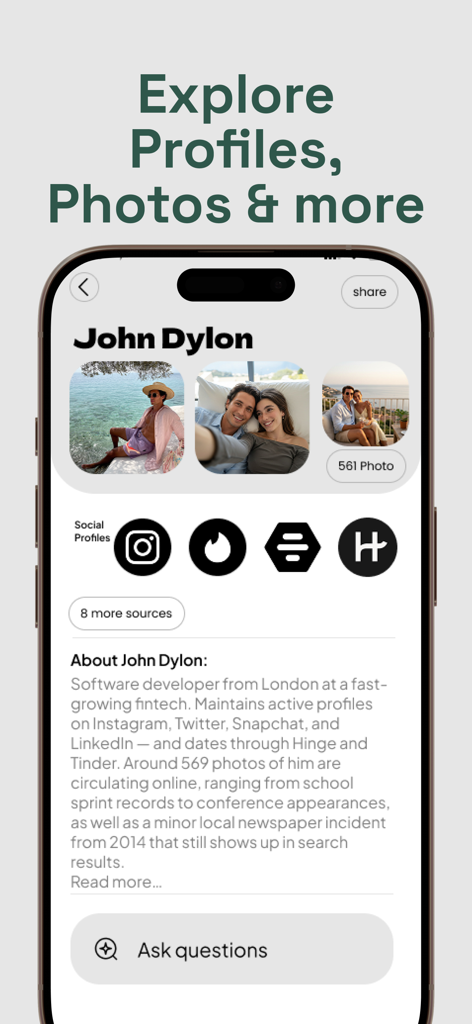 Deepcheck - AI Search - Interfaz de la aplicación Deepcheck que muestra un perfil digital detallado con enlaces a redes sociales y fotos