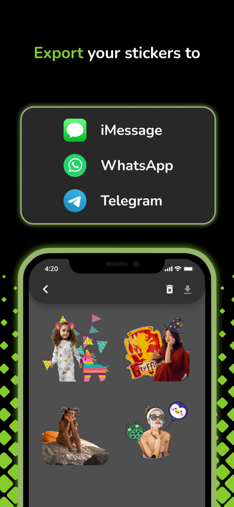 Sticker Maker for Messenger - Interfaz de la aplicación móvil que muestra opciones de exportación a iMessage, WhatsApp y Telegram con una vista previa de paquetes de stickers personalizados