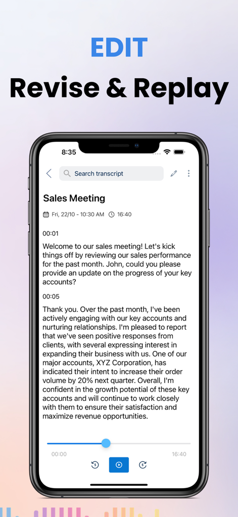 Interfaz de iPhone que muestra una transcripción de una reunión de ventas con opciones de edición de texto y reproducción de audio.