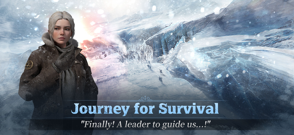 A woman in heavy winter gear stands in a frozen landscape with the text Journey for Survival.