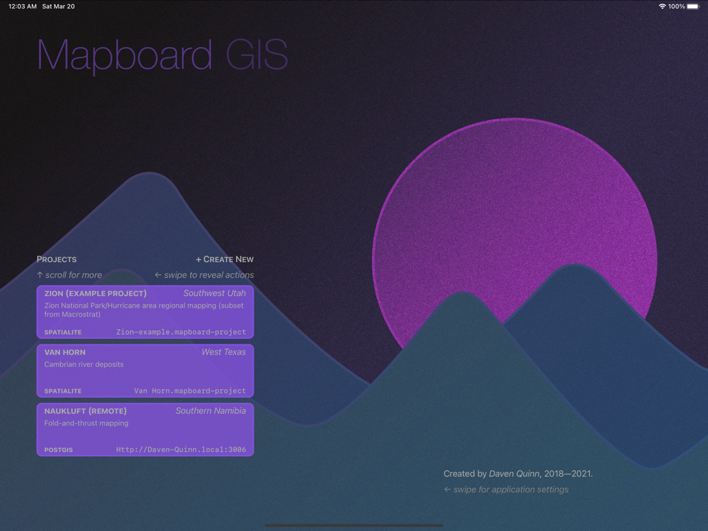 Mapboard GIS - Mapboard GIS project selection screen showing a list of geological mapping projects against a mountain background