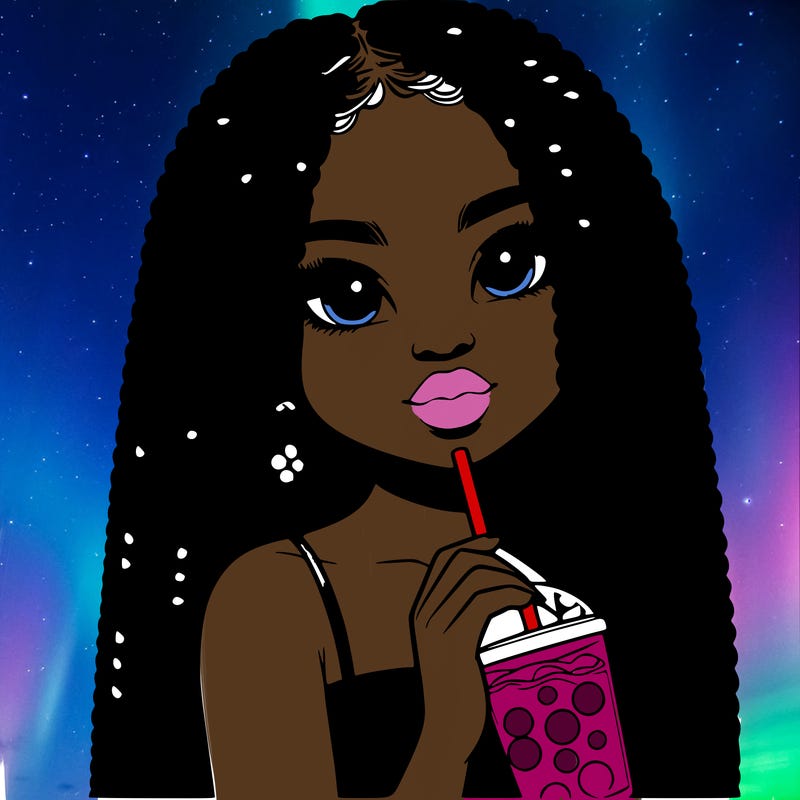 realistic girl holding a boba with braided hair