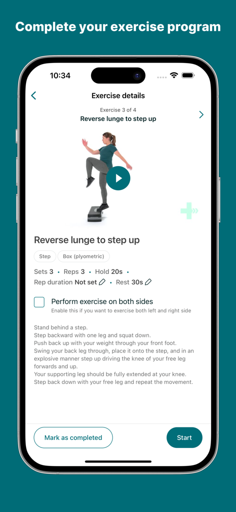 Vita-Health - Instruções detalhadas de exercícios e demonstração em vídeo dentro do aplicativo de reabilitação Vita-Health
