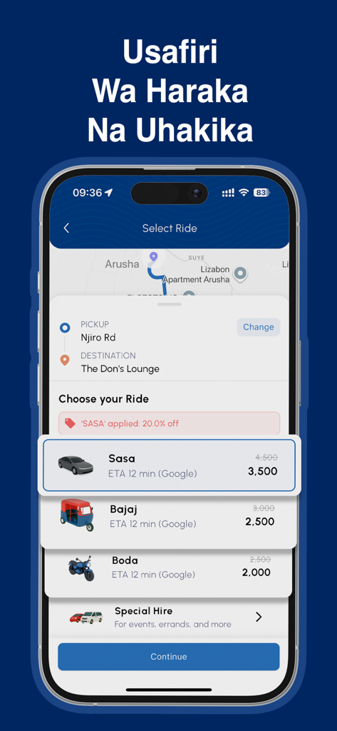 SasaRide mobile app screen showing ride options including cars Bajaj and Boda with pricing in Tanzania
