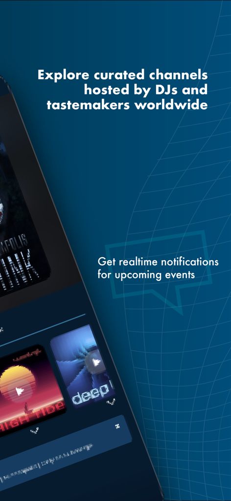 Submerge app interface showing curated music channels and event notifications