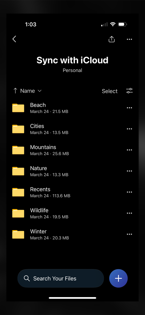 Sync with OneDrive - A mobile app interface showing a list of organized photo folders like Beach and Nature ready for cloud synchronization.