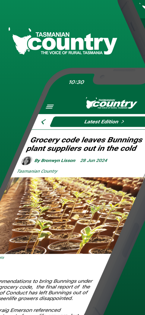 Tas Country - Screenshot of the Tas Country app displaying a news article about rural Tasmania agriculture