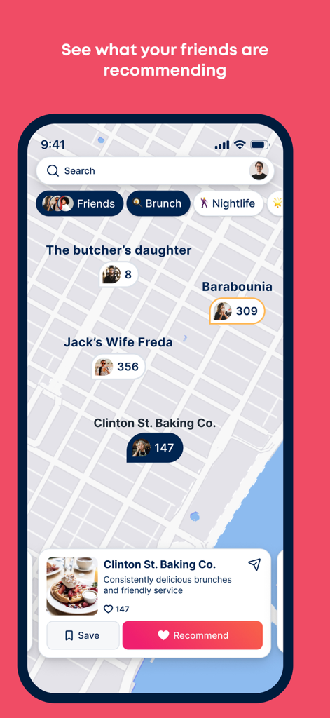 Atly – Know where to go - Atly app map interface showing restaurant recommendations from friends with filters for brunch and nightlife