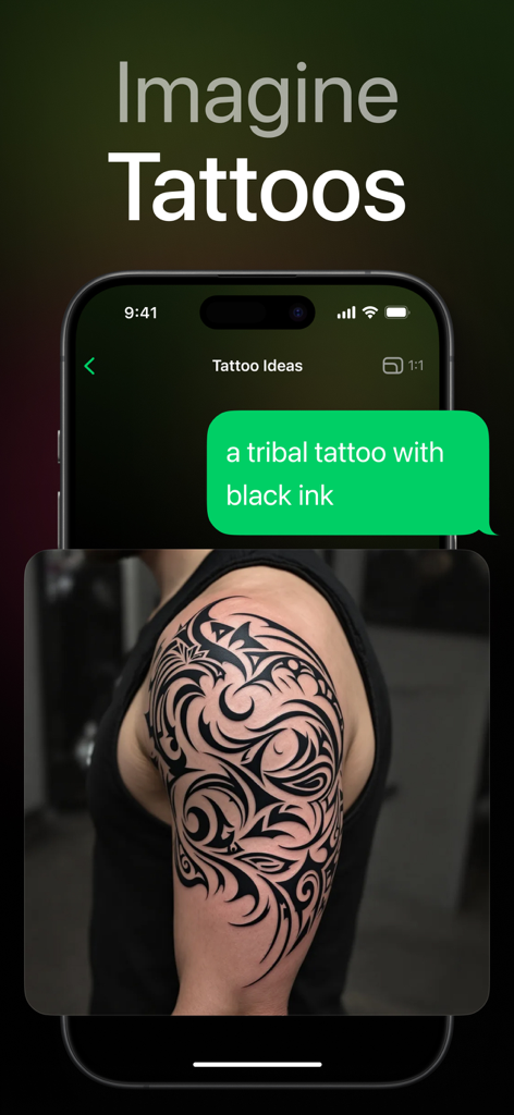 AI Chat app interface showing a tribal tattoo design generated from a text prompt