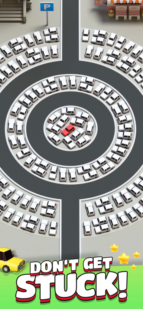 Vista cenital de un nivel circular de acertijo de bloqueo de aparcamiento con numerosos coches blancos y un coche rojo en el centro