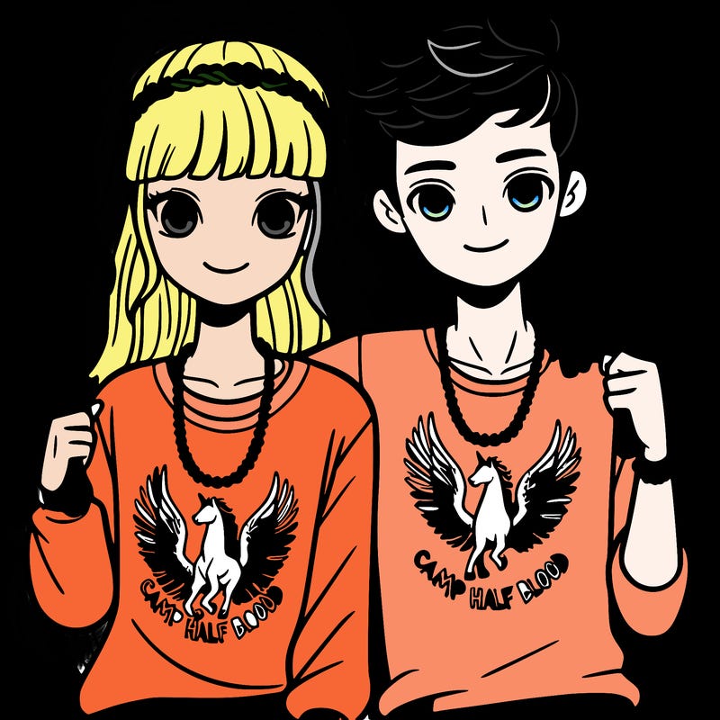 a girl with a dagger and a boy with a sword sitting next to each other with shirts that say camp half blood with pegasus is on them and beaded the necklaces
