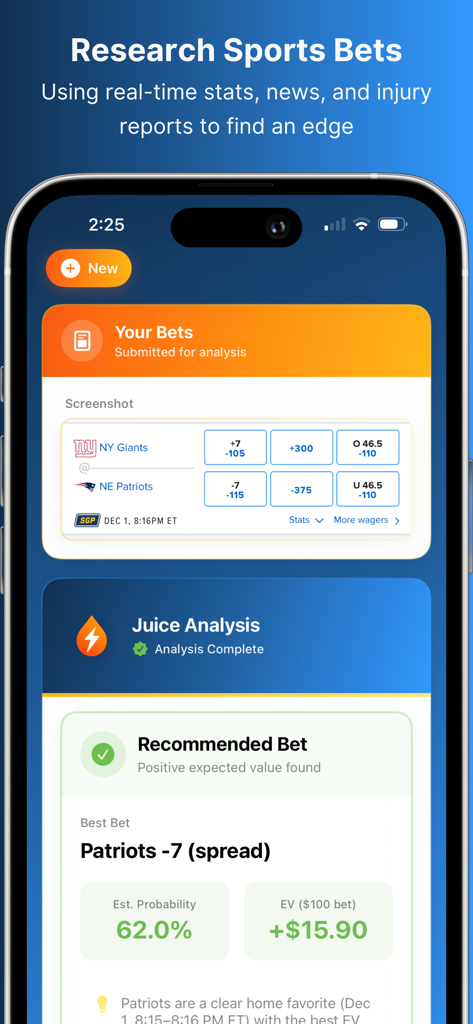 Sports Betting Research Juice - A mobile interface showing a sports betting research app with a recommended bet and positive expected value analysis