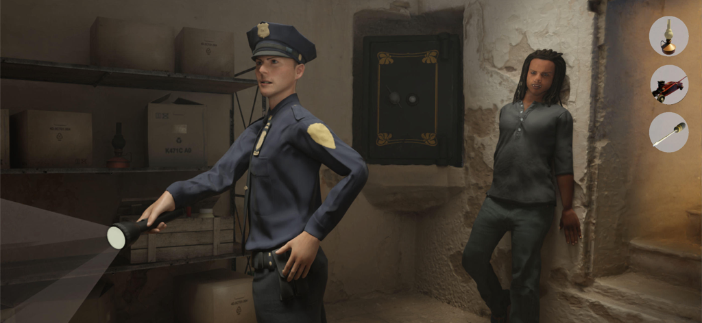 Escape Prison 2 adventure game - A police guard searching a dark room with a flashlight while a prisoner hides next to a wall safe